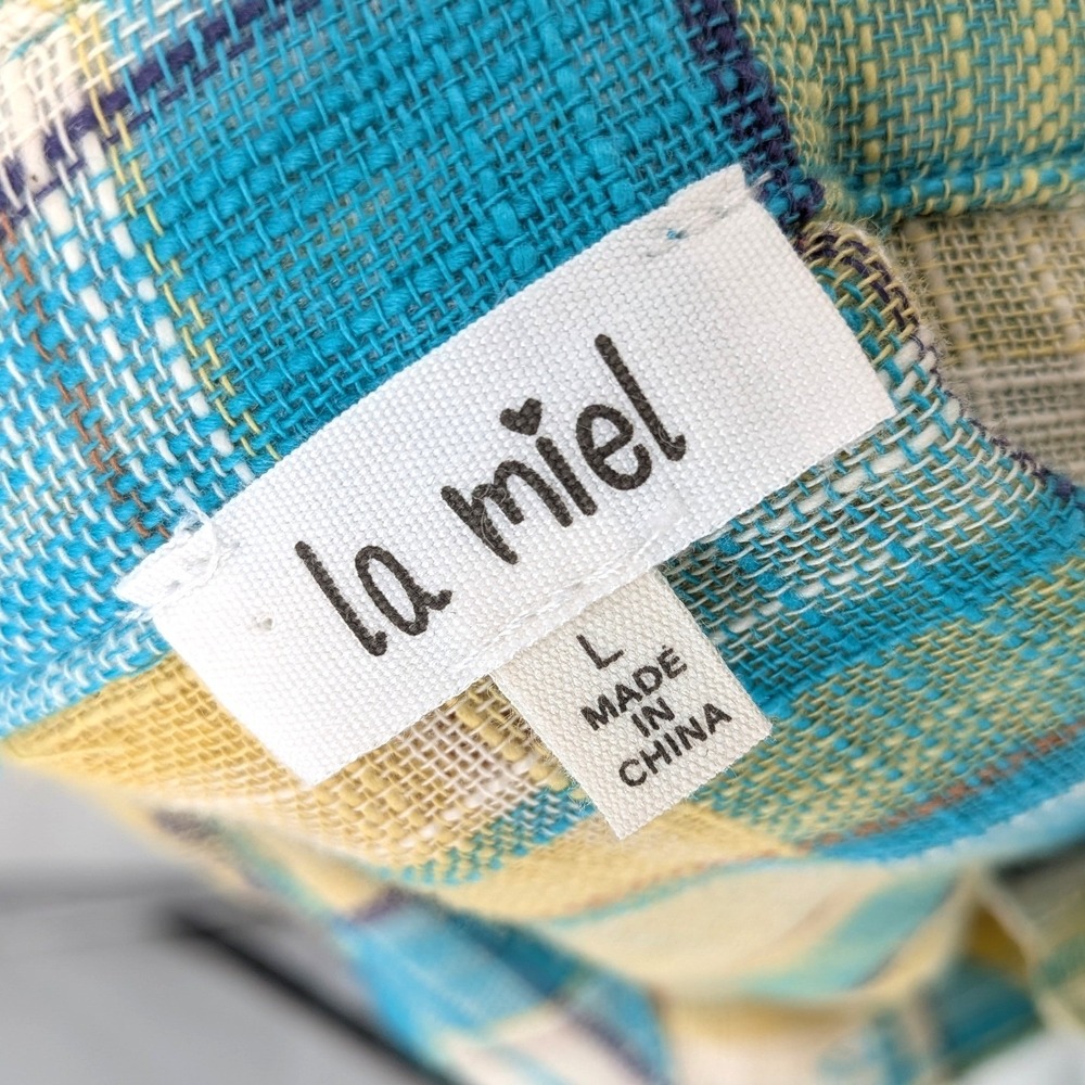 La Miel Plaid Gauze Shirt Raw Hem Boho‎ Beach Lightweight NWT L - Picture 3 of 11